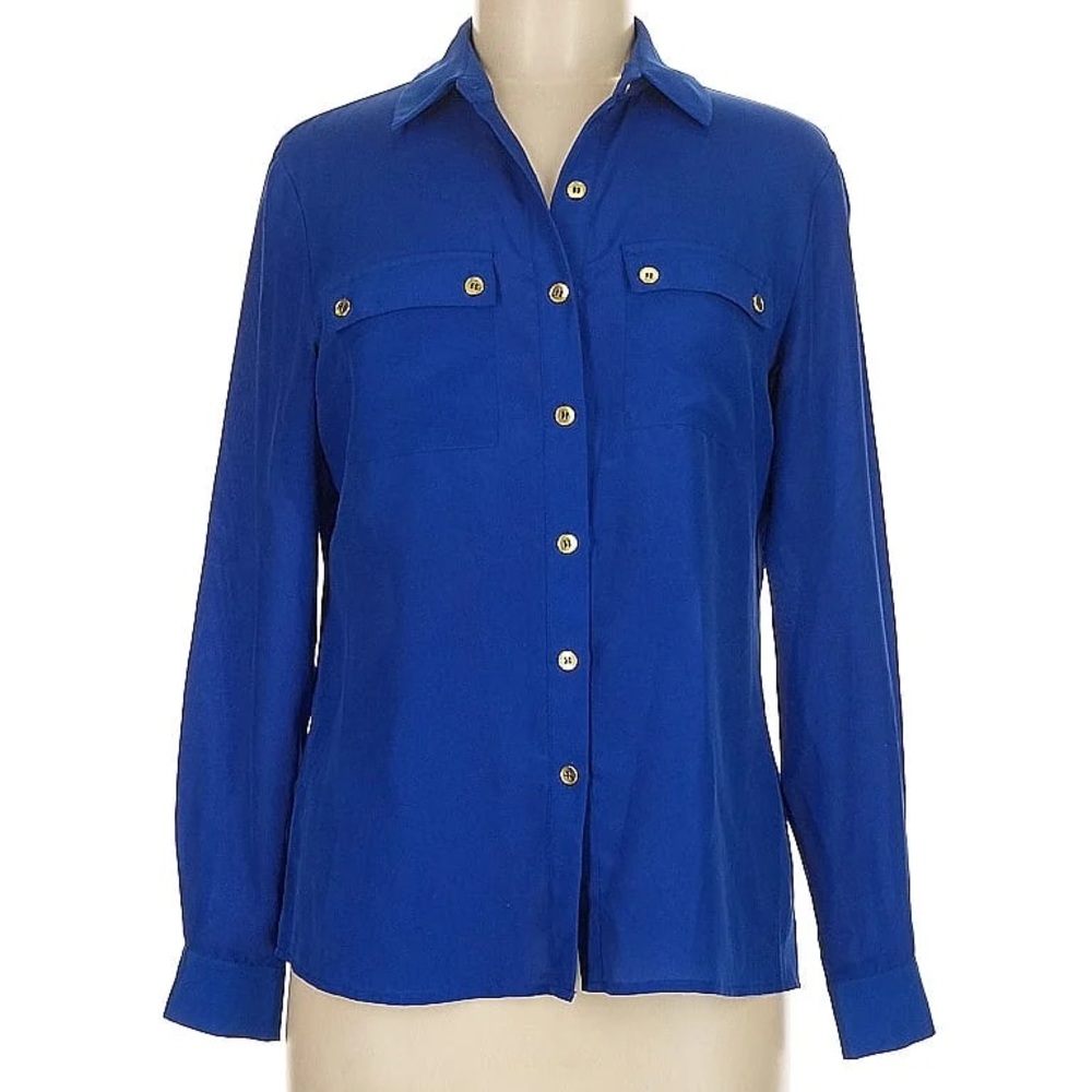 Women's Blue Satin Button-Up Blouse